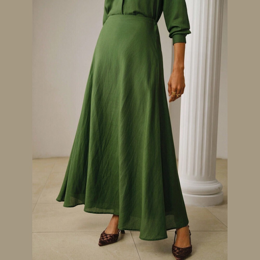 Green Woven A-Line Wrinkled Textured Maxi Skirt